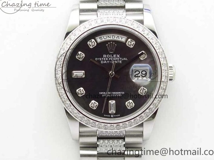 0517 SmoothTexture Day-Date 36mm 128239 SS Crystal BP Best Edition Black MOP Crystal Marker Dial on SS President Bracelet A 2681